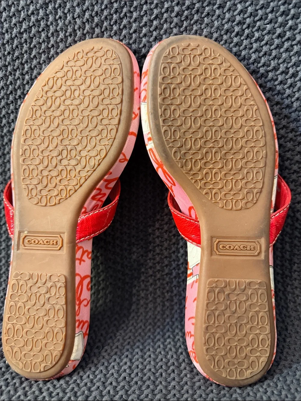 Coach Starla Red and Pink Script Print Leather Thong Sandals 7.5